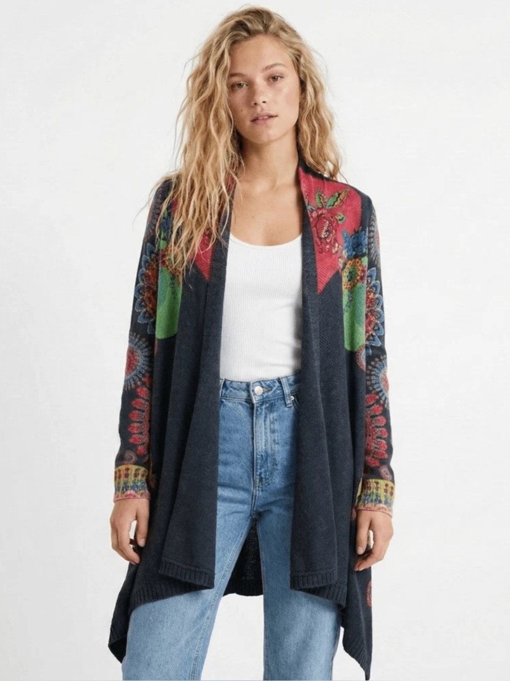 Desigual Navy Open-Front Cardigan with Multicolor Floral Accents